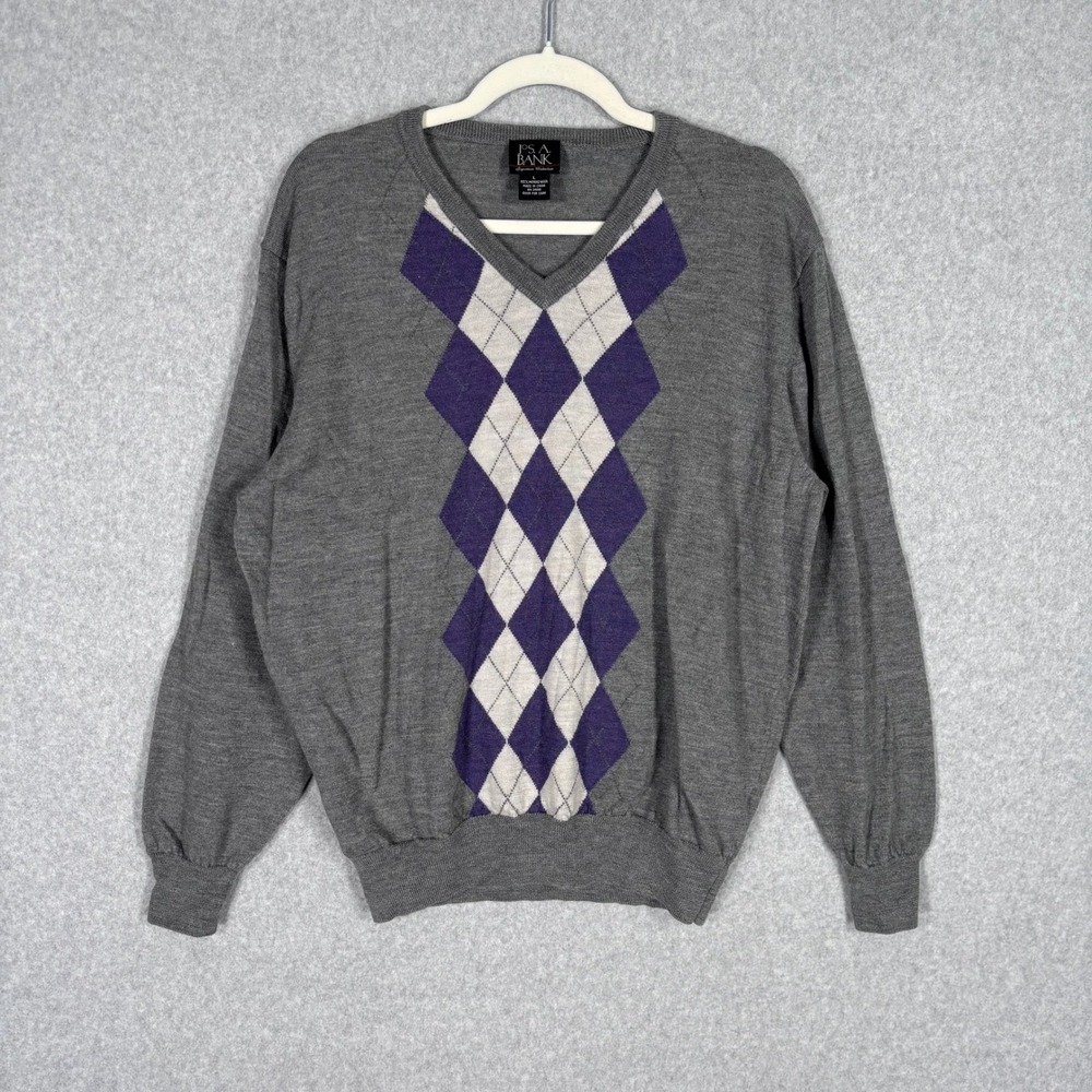 Jos A Bank Merino Wool Argyle Sweater Large Gray Purple Preppy Classic Old Money